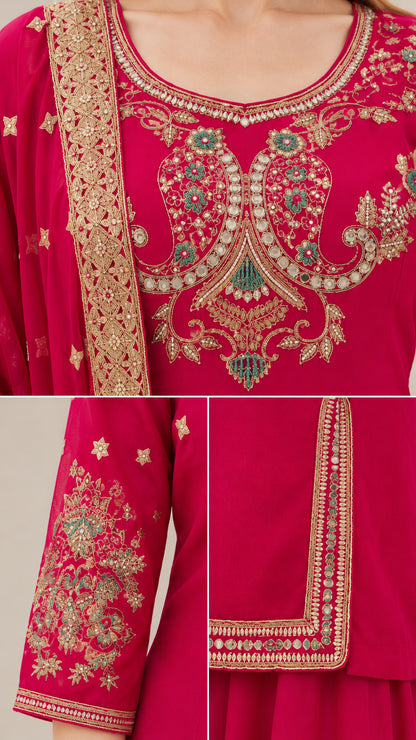 Close-up details of intricate neckline and sleeve embroidery on fuchsia fabric