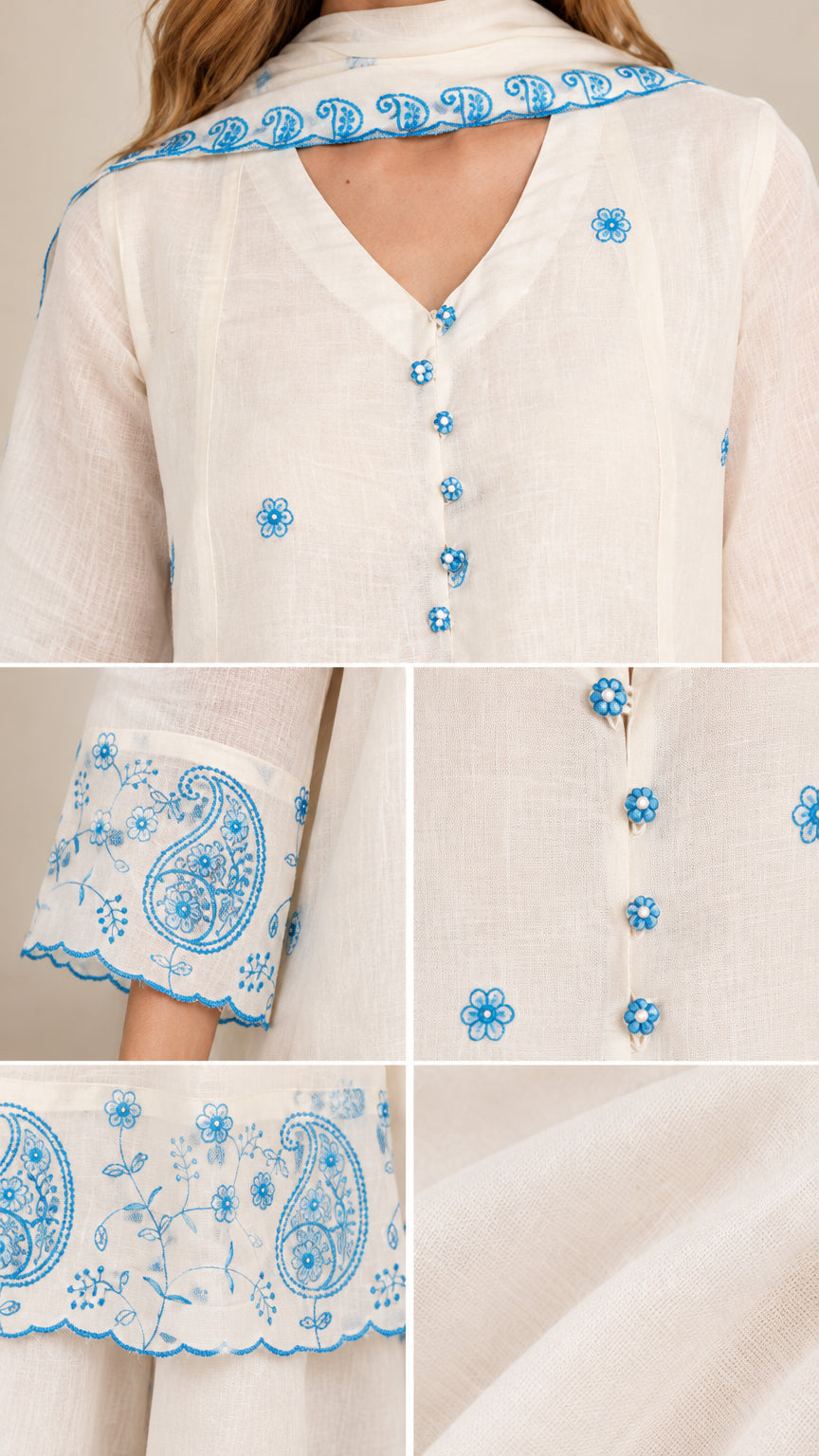 Close-up details of neckline, front buttons, embroidered cuffs, and scalloped hem