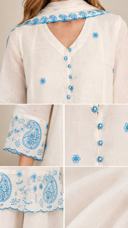 Close-up details of neckline, front buttons, embroidered cuffs, and scalloped hem