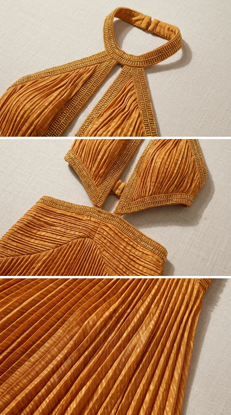 Close-up details of halter neck trim and pleated fabric texture