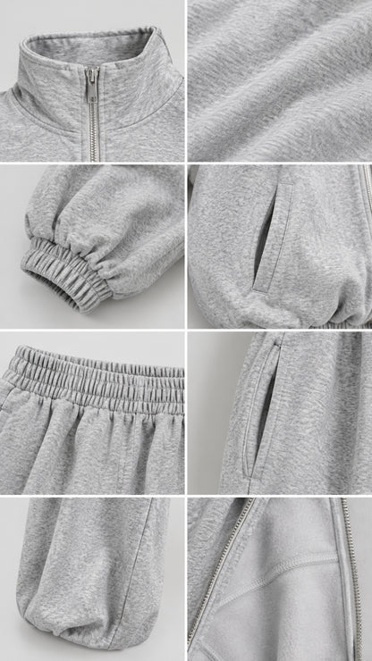 Close-up details of fleece fabric, zipper collar, elastic cuffs, and pocket construction