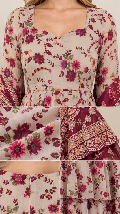Close-up details of sweetheart neckline, floral pattern fabric, and neat back zipper