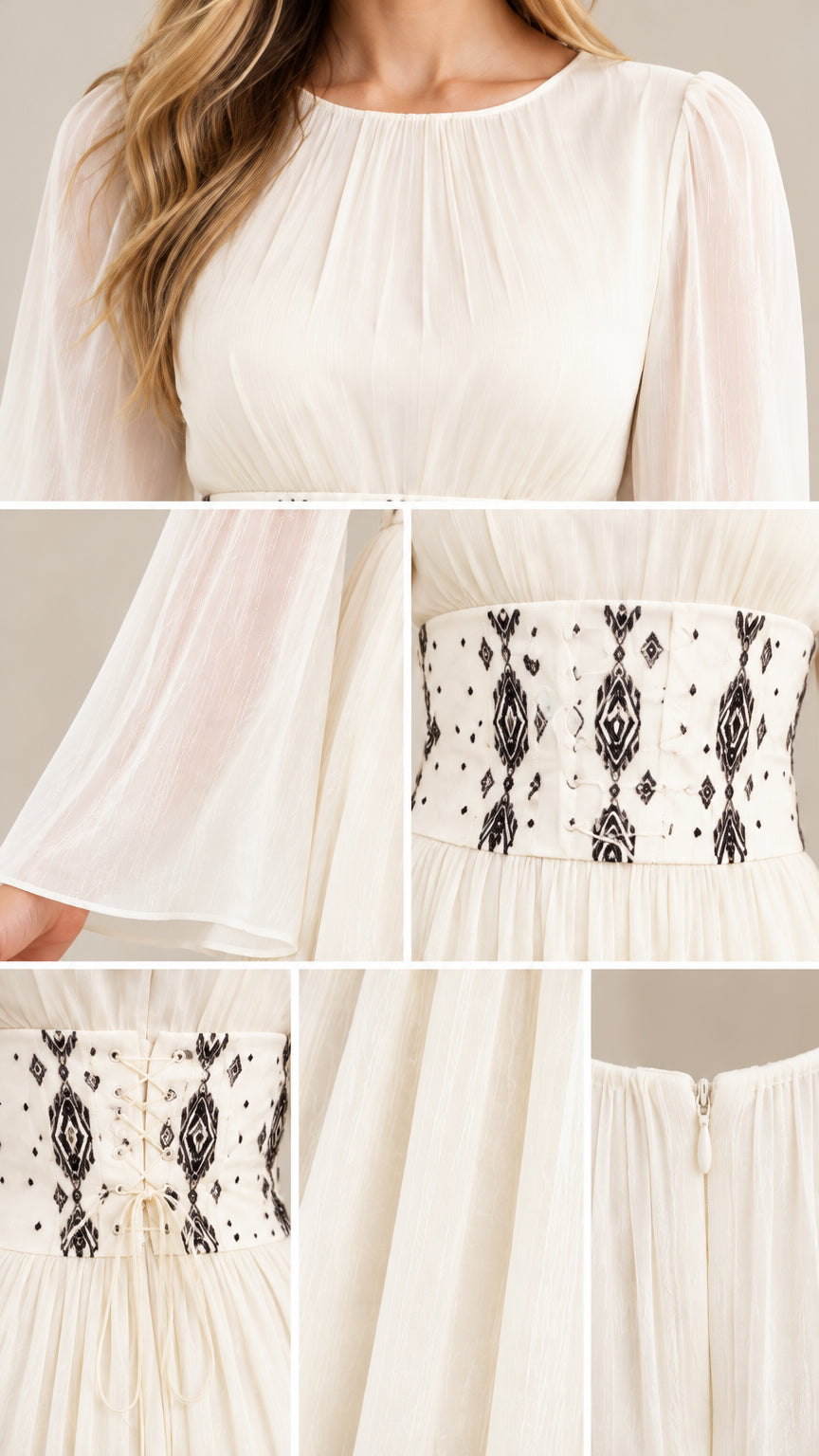 Close-up detail shots showing neckline pleating, flare cuffs, and intricate embroidered corset waist
