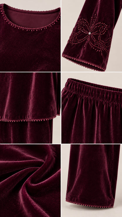 Close-up details of embroidered cuff, delicate beaded trim, elastic waistband, and rich velvet texture