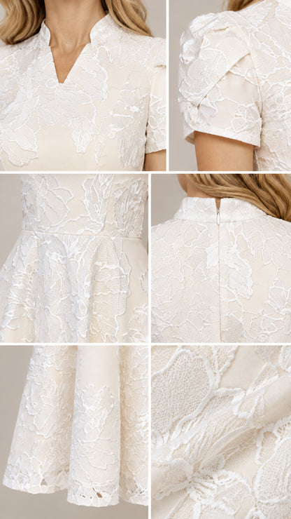 Close-up details of collar neckline, puff sleeve, waist seam, and jacquard texture