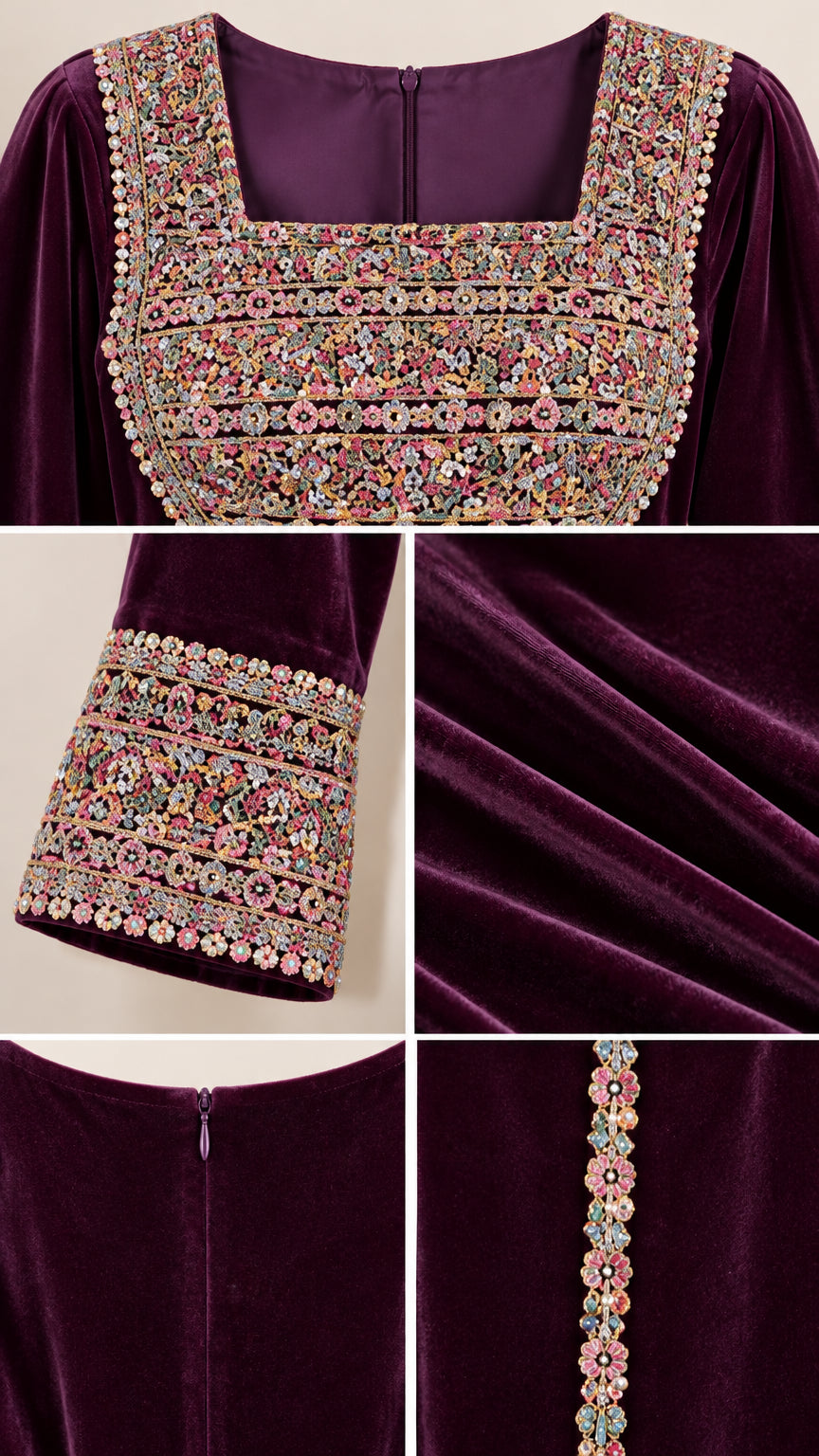 Close-up details of intricate chest embroidery, velvet texture, and back zipper