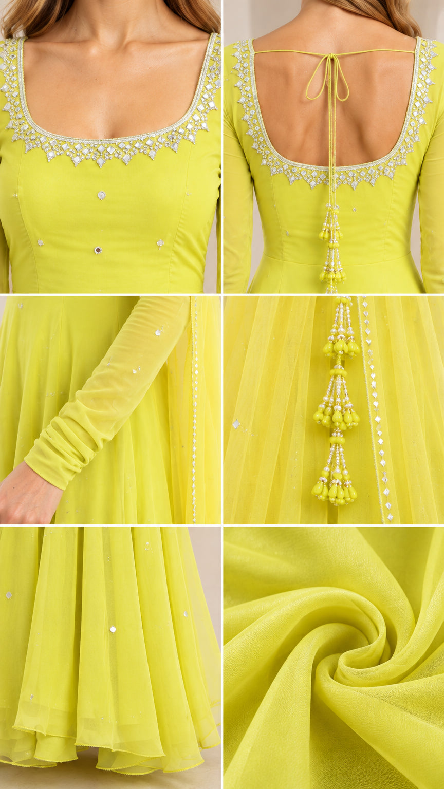 Detailed close-ups of neckline embellishment, back tassels, gathered sleeves, and chiffon fabric texture