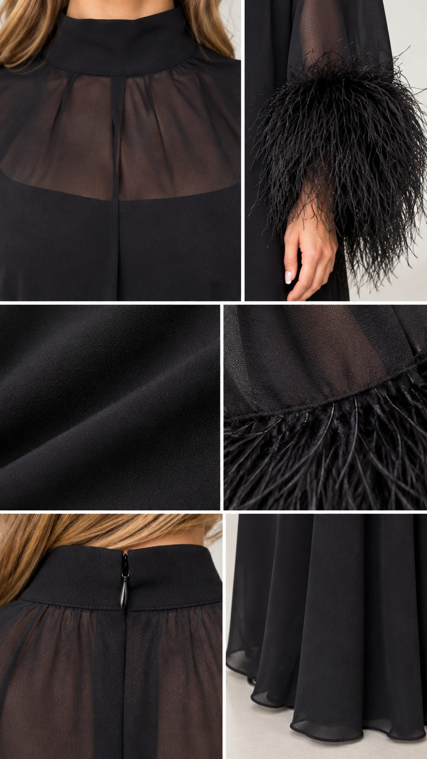 Close-up details of sheer neckline, feather cuffs, and back zipper