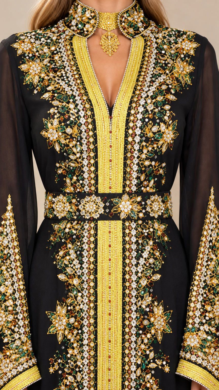Close-up of intricate gold embroidery and beadwork on black caftan bodice