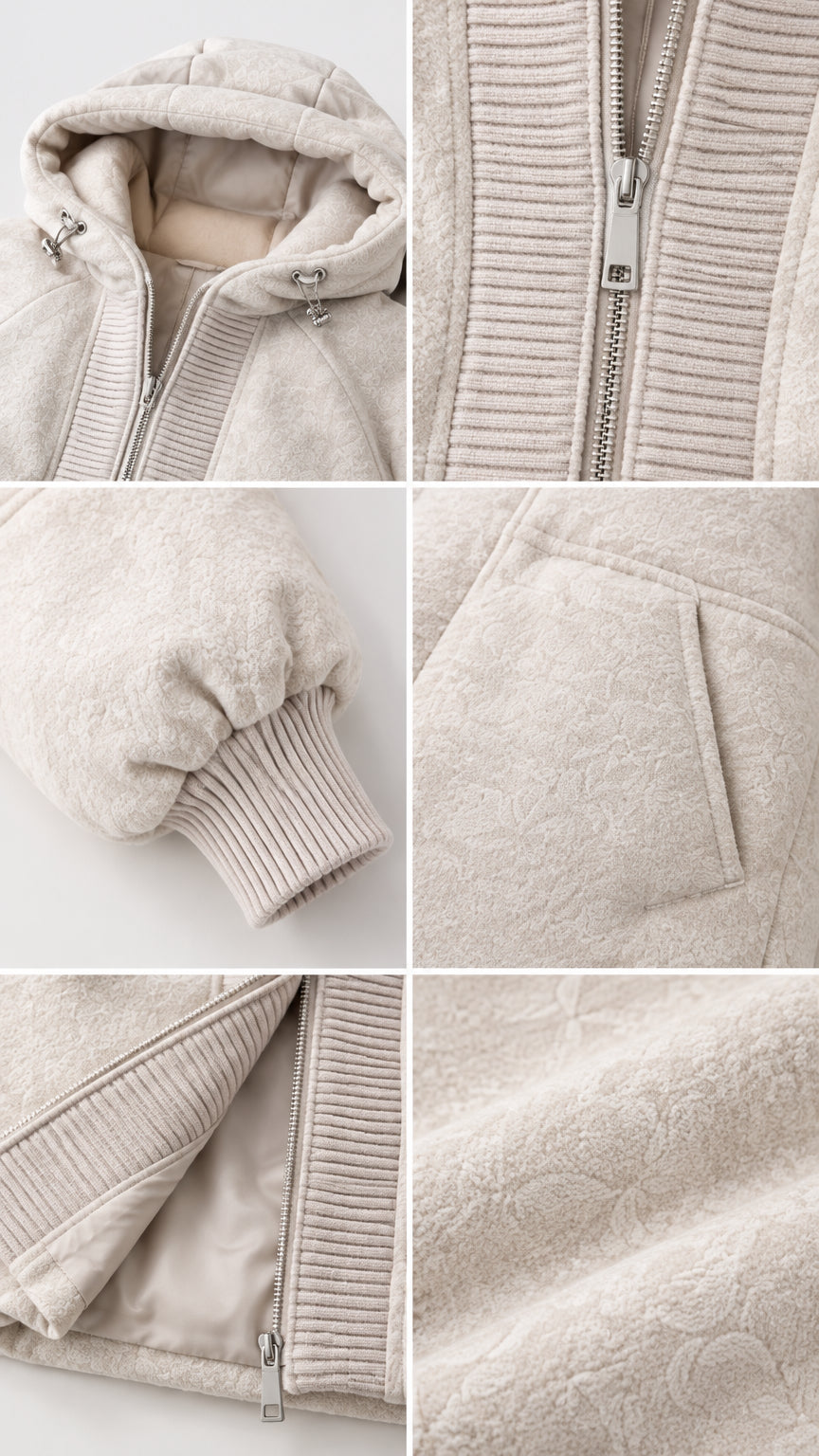 Close-up details of cream fleece jacket hood, zipper, ribbed trim, pocket, lining, and texture