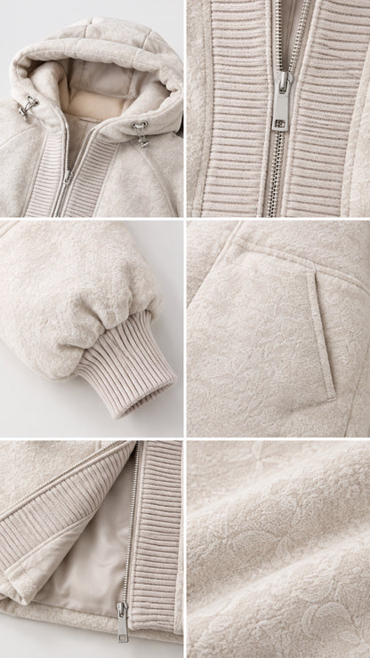 Close-up details of cream fleece jacket hood, zipper, ribbed trim, pocket, lining, and texture