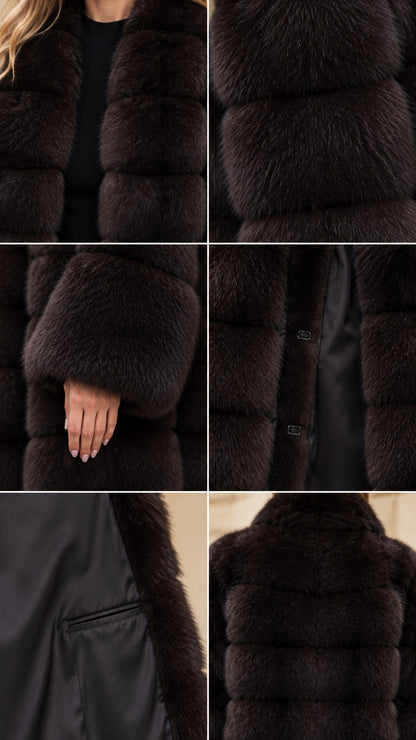 Detailed view of coat collar, sleeves, inner lining, and hidden fasteners