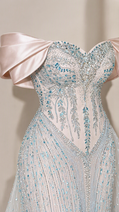 Close-up detail of intricate crystal beadwork and sweetheart neckline
