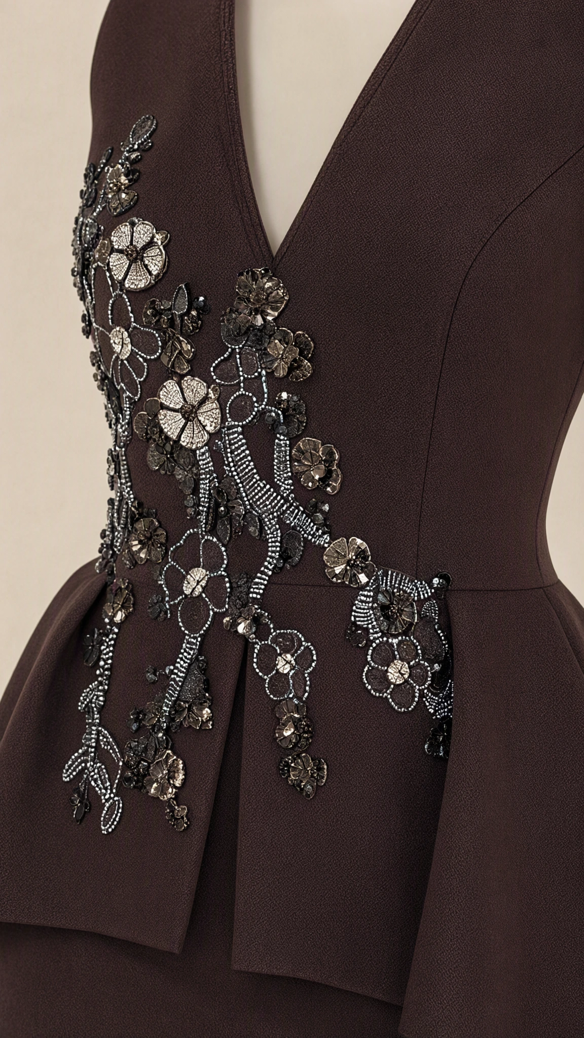 Close-up detail of intricate floral beadwork on chocolate brown gown bodice