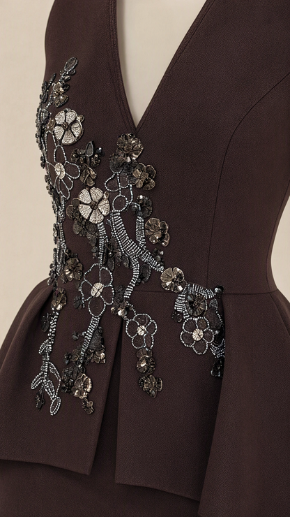 Close-up detail of intricate floral beadwork on chocolate brown gown bodice