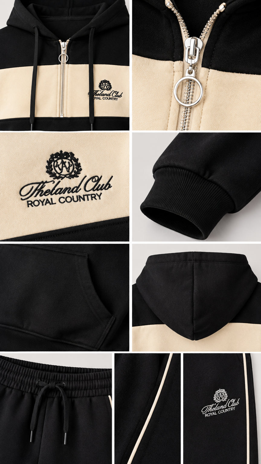 Close-up details of half-zip ring pull, chest embroidery, cuffs, pocket, and waistband
