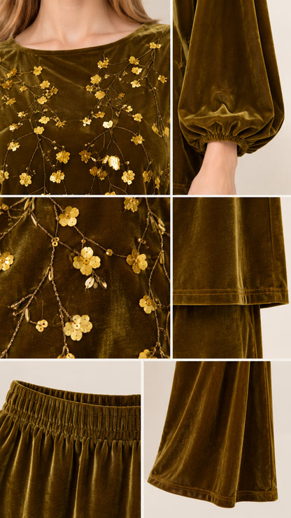 Detailed close-ups of velvet texture, sequin embroidery, elastic cuffs, and hem