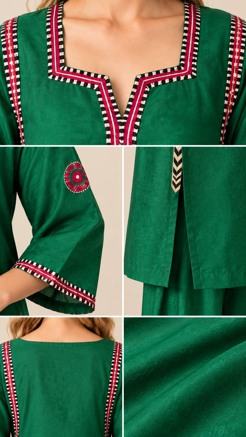 Close-up details of geometric embroidery on neckline, sleeves, and side slit of the green tunic