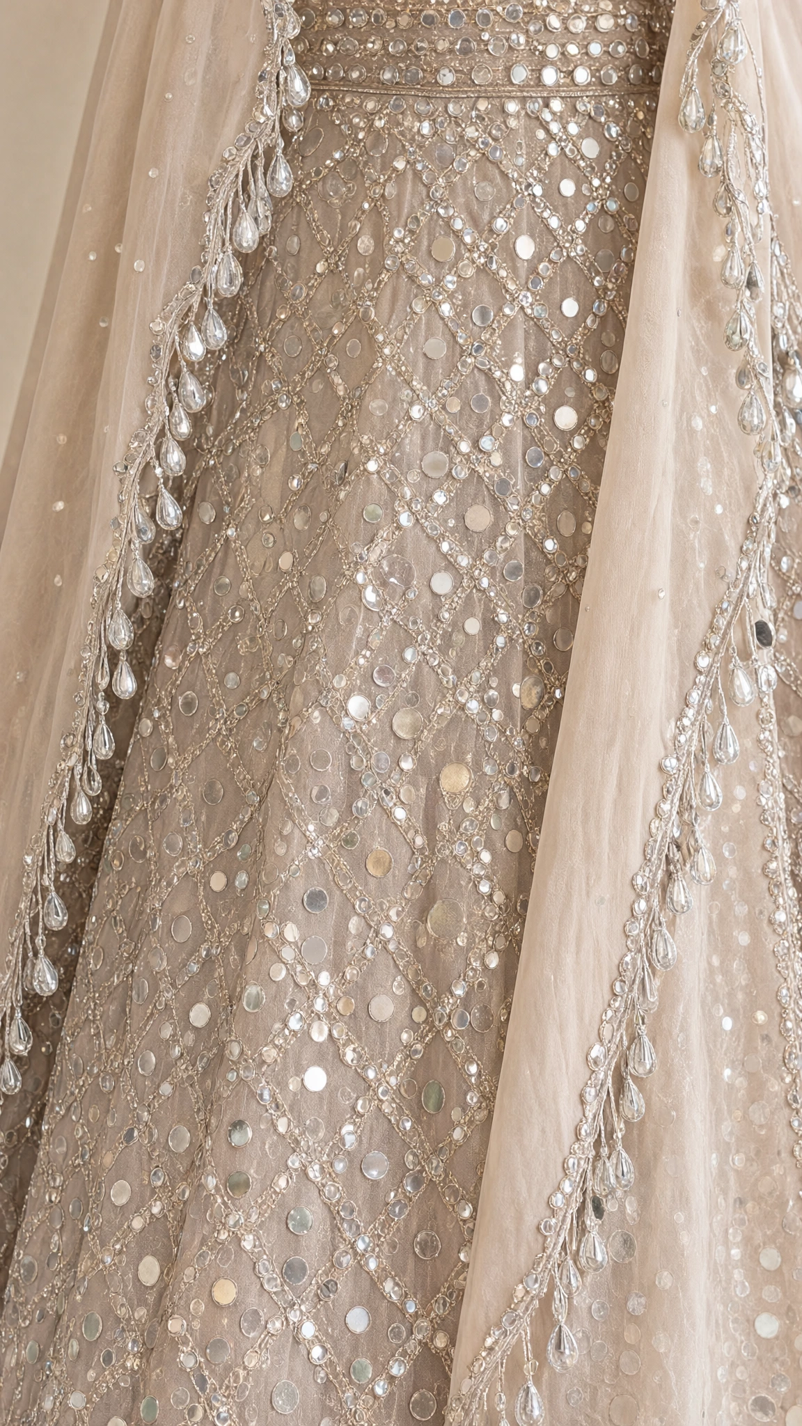 Close-up detail of mirror embellishments and fringe trims on champagne evening gown