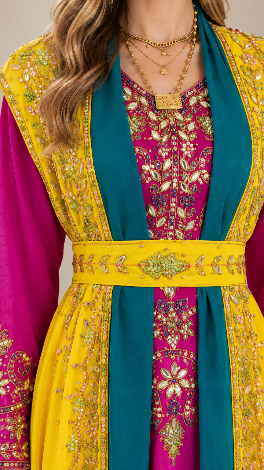 Close-up of intricate metallic gold embroidery and beadwork on yellow caftan bodice