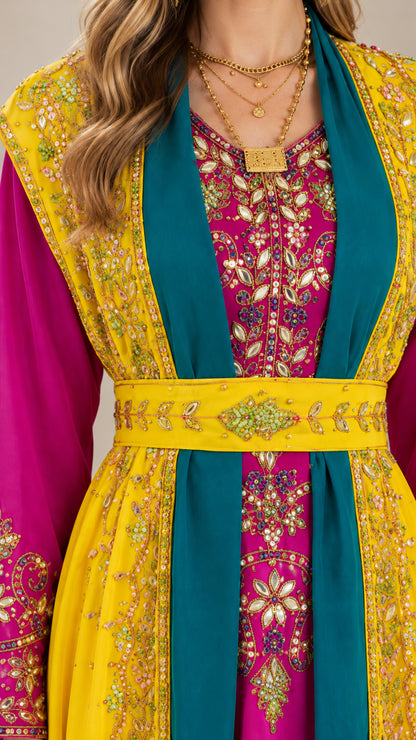 Close-up of intricate metallic gold embroidery and beadwork on yellow caftan bodice