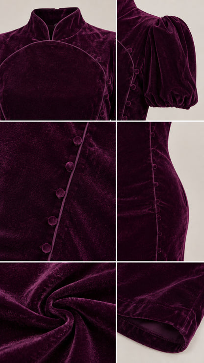 Close-up details of collar, puff sleeve, fabric texture, and button accents on velvet dress