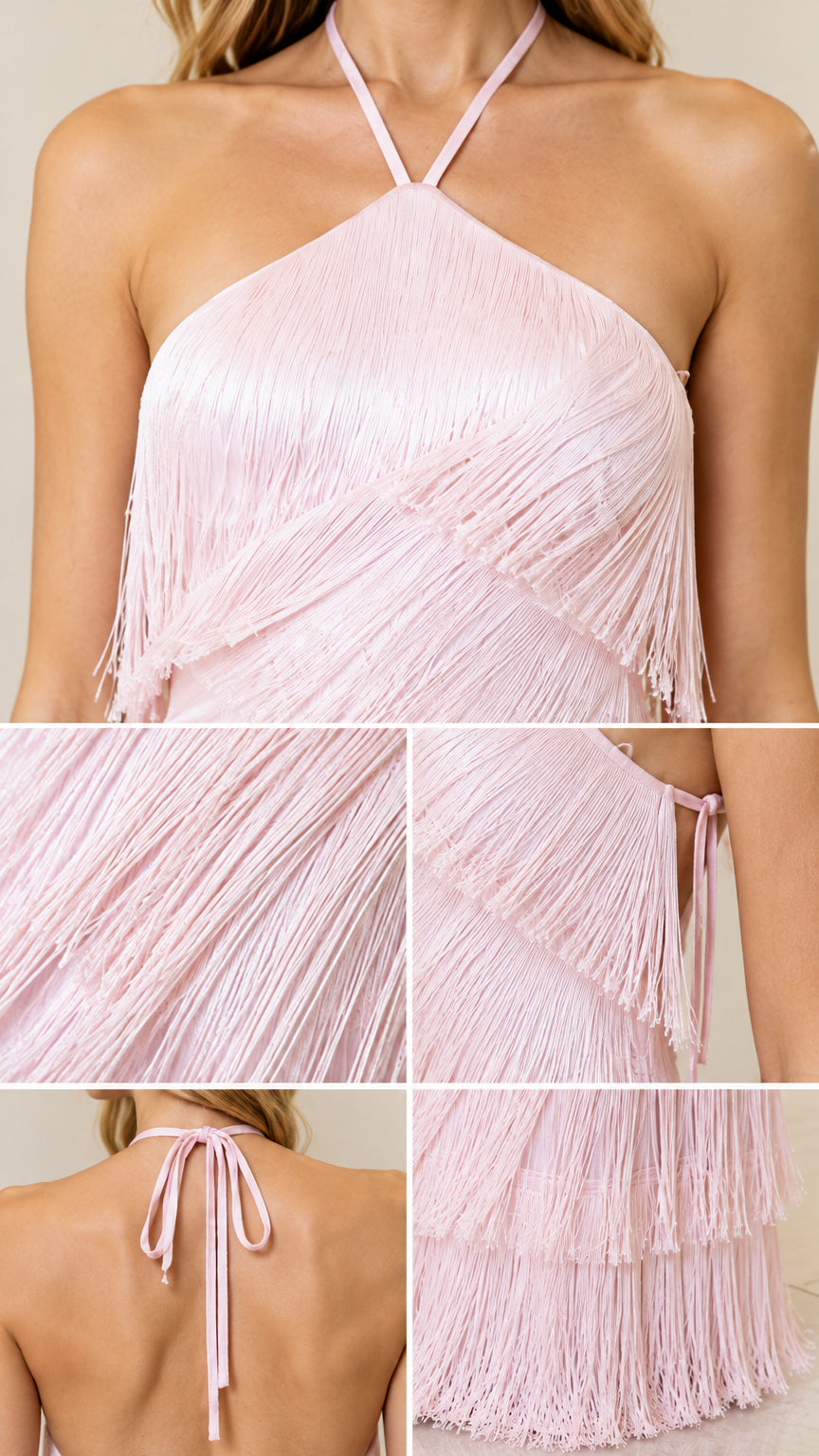 Close-up details of halter neckline, fringe texture, and back ties