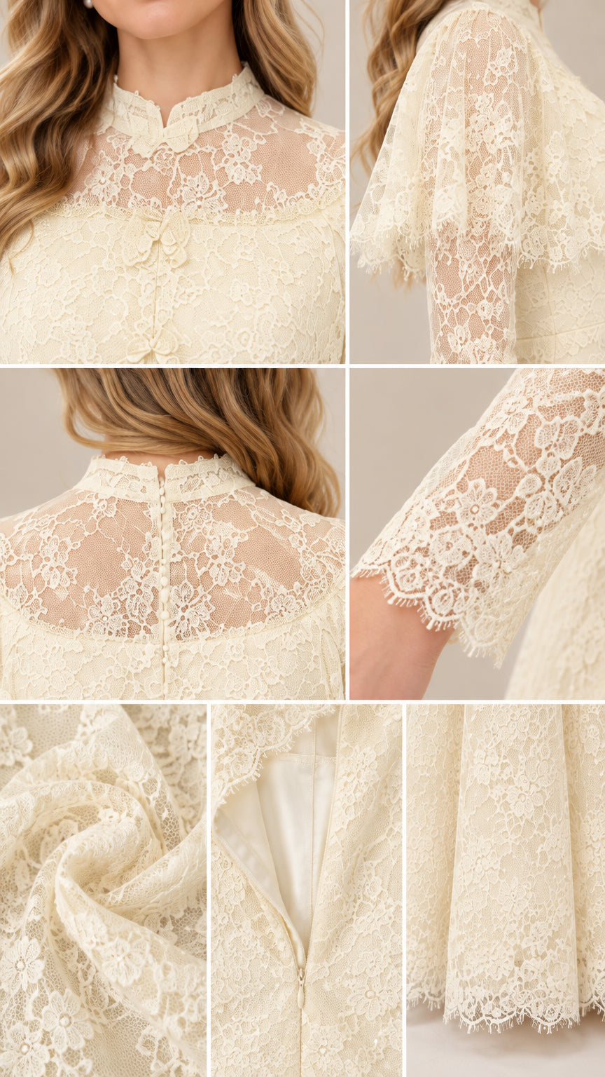 Close-up details of ivory floral lace fabric, neckline, cuffs, and lining
