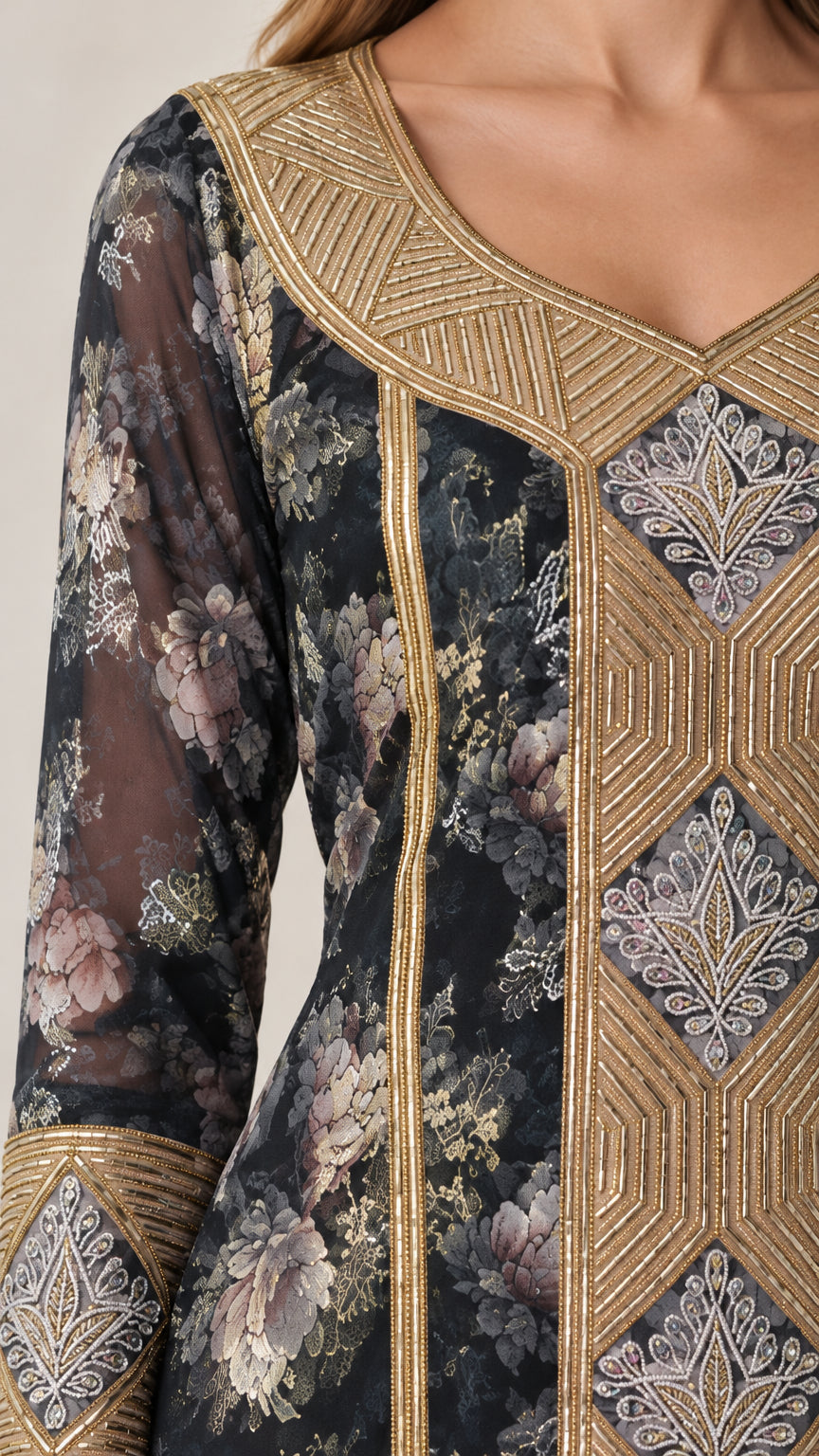 Close-up detail of ornate gold metallic embroidery and floral printed sleeve fabric