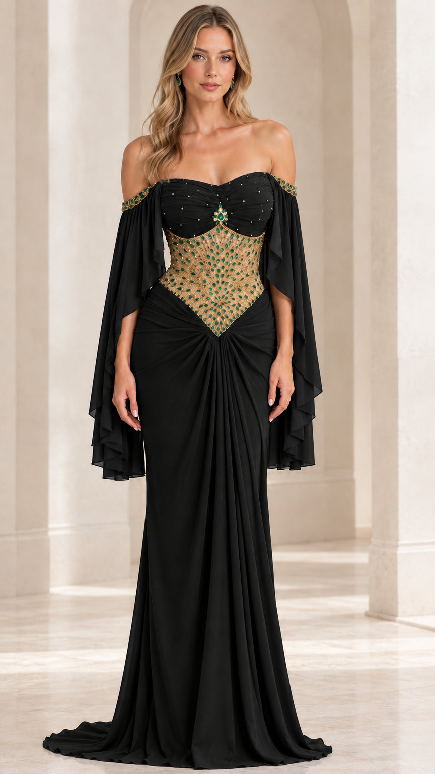 Black off-the-shoulder evening gown with crystal-embellished corset bodice and flowing sleeves