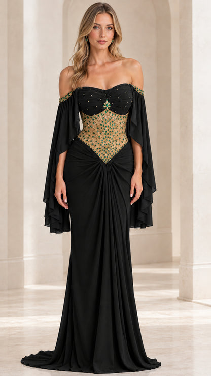 Black off-the-shoulder evening gown with crystal-embellished corset bodice and flowing sleeves