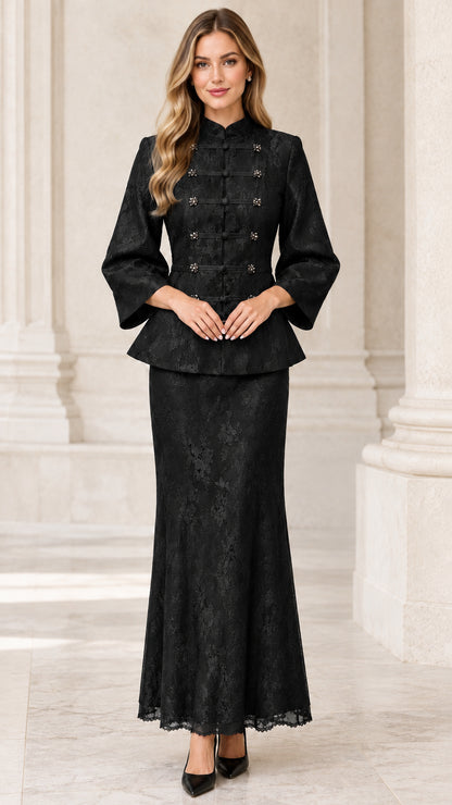 Front view of model wearing black lace peplum jacket and maxi skirt two-piece set