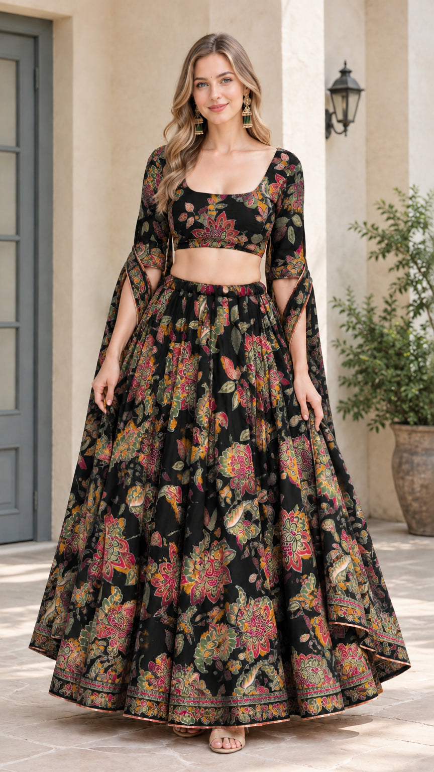 Front view of model wearing Black floral crop top and flared maxi skirt set with cape sleeves
