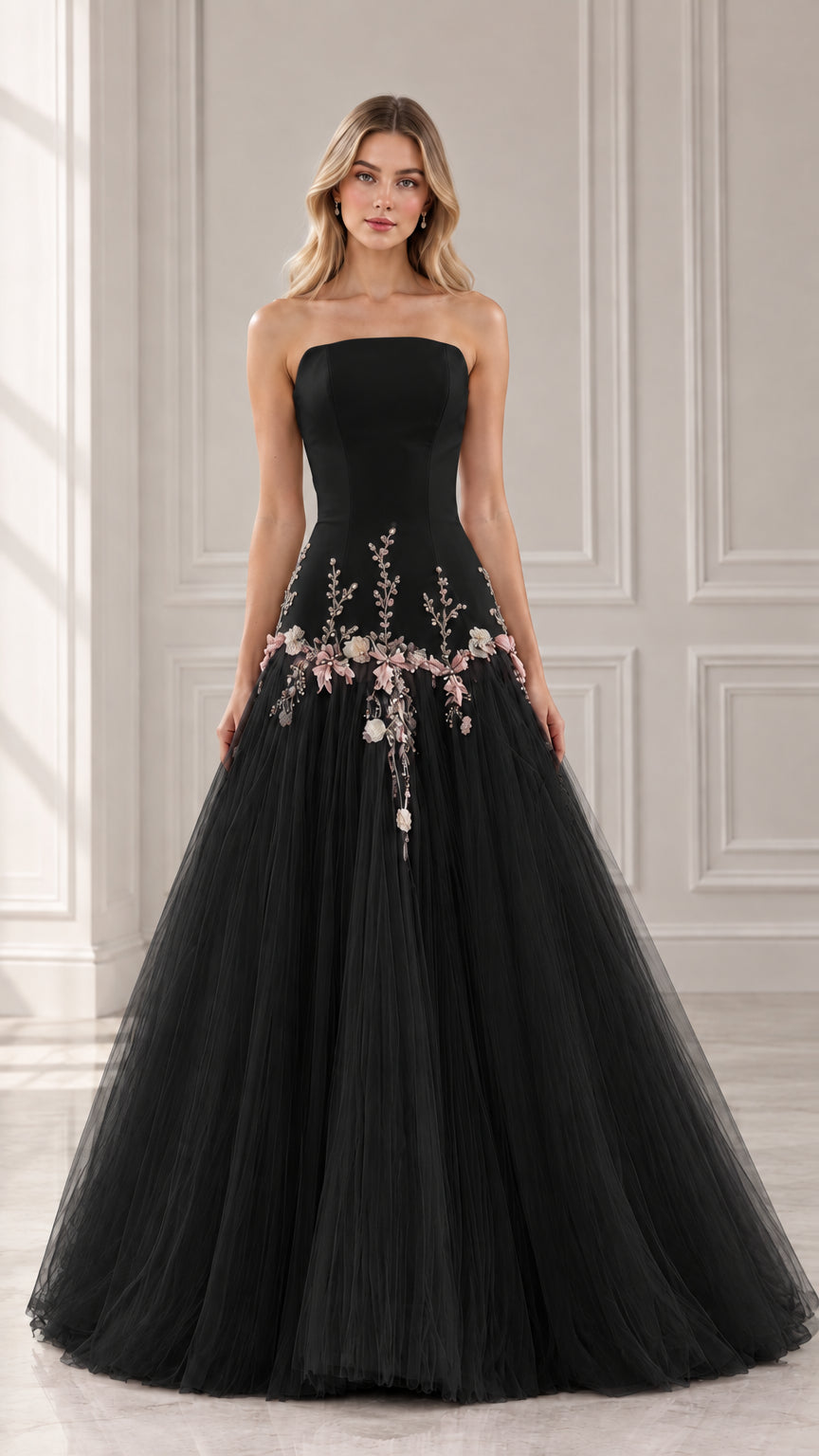 Front view of black strapless floral embroidered tulle evening ball gown