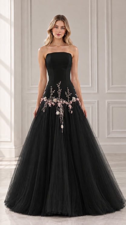 Front view of black strapless floral embroidered tulle evening ball gown