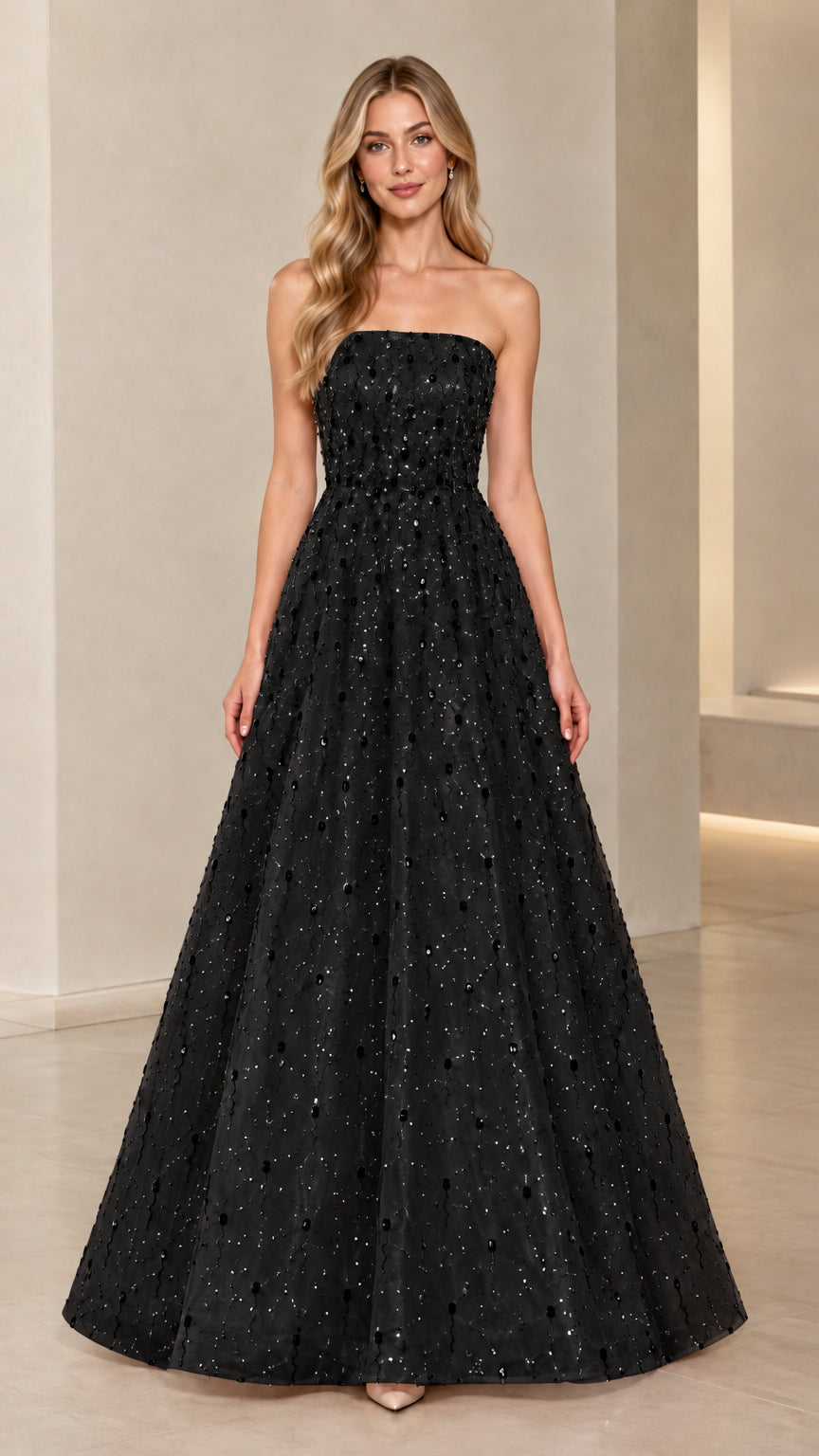 Model wearing Black strapless sequin A-line evening dress