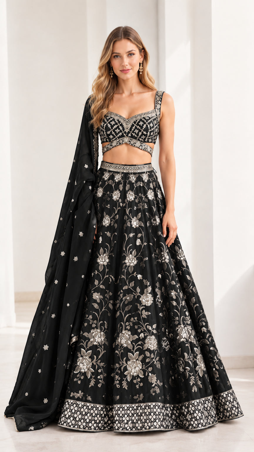 Black floral embroidered 3-piece lehenga choli set with dupatta