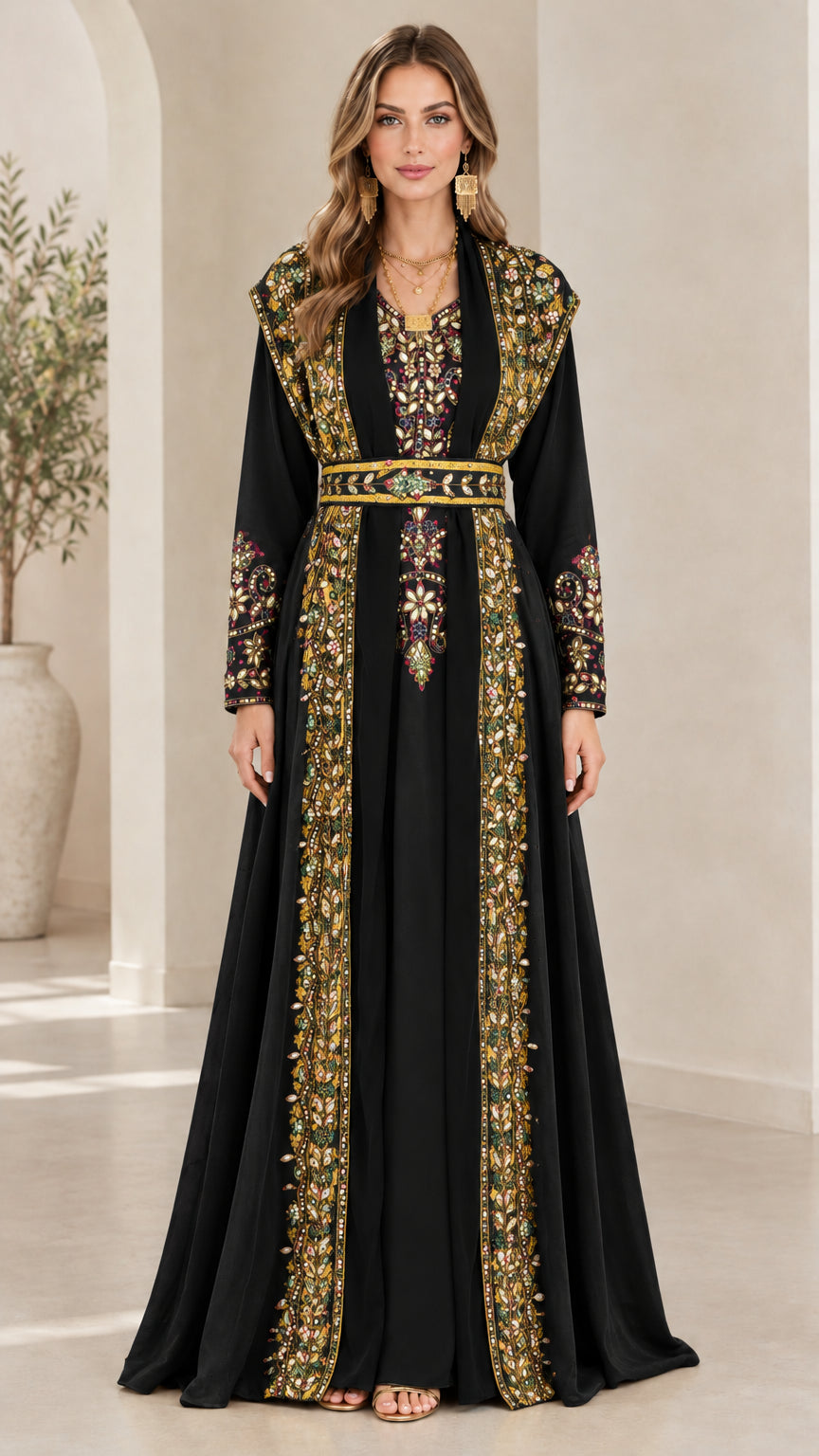 Full-length front view of black Moroccan caftan maxi dress with gold embroidery
