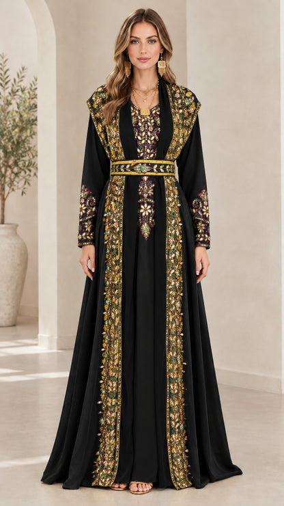 Full-length front view of black Moroccan caftan maxi dress with gold embroidery