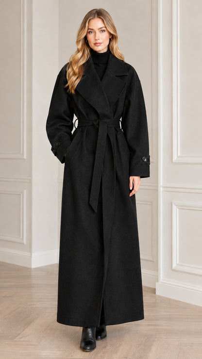 Model wearing black maxi belted trench overcoat with high neck top