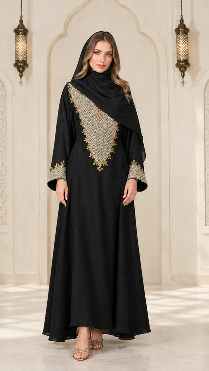 Full-length black embroidered abaya dress with matching black hijab