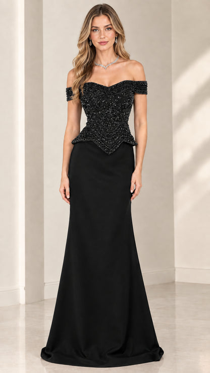 Front view of black off-the-shoulder beaded formal evening gown
