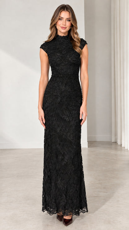 Front view of model wearing Black high-neck cap sleeve lace evening gown