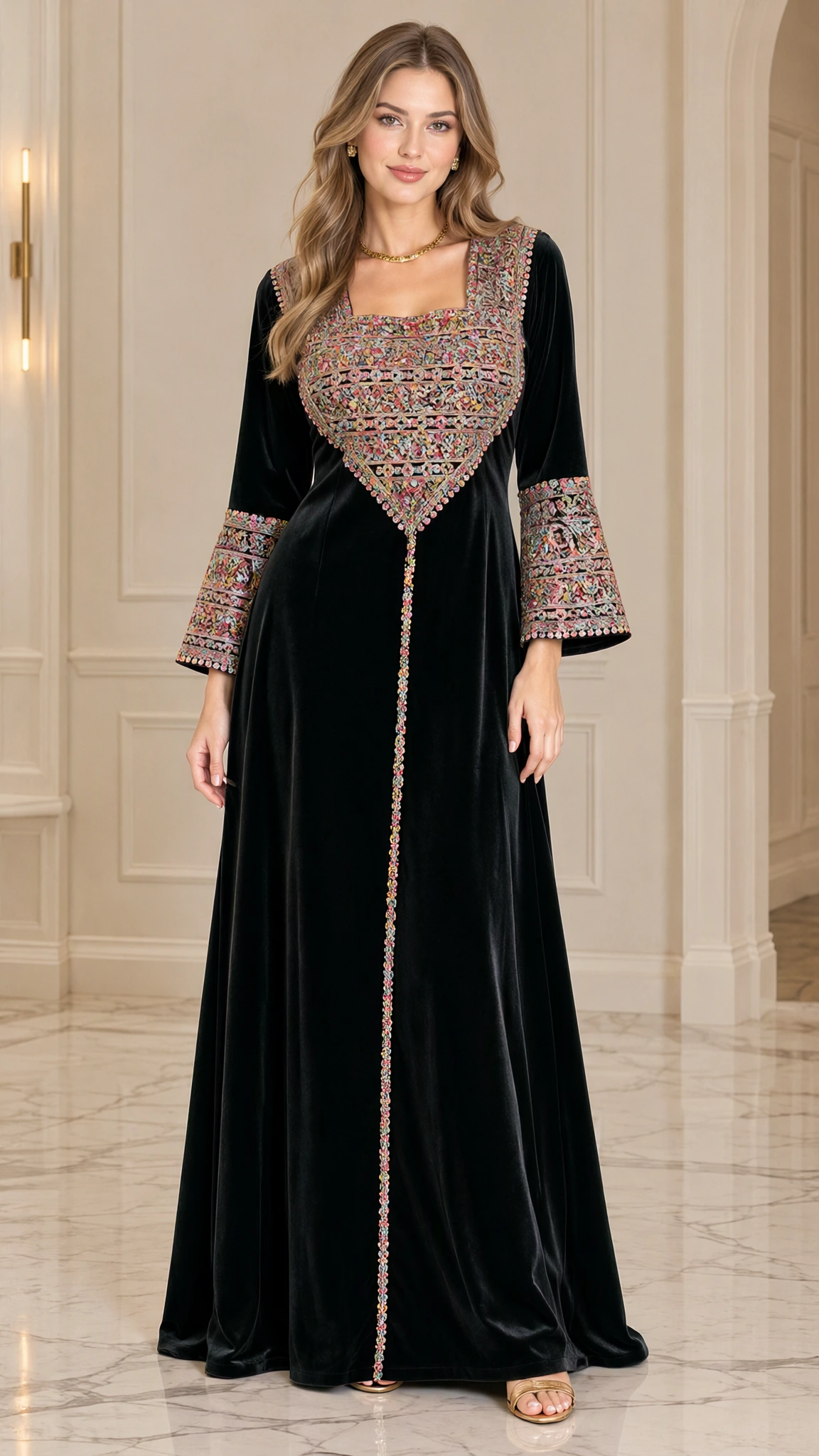 Classic Black embroidered long sleeve velvet maxi dress front view