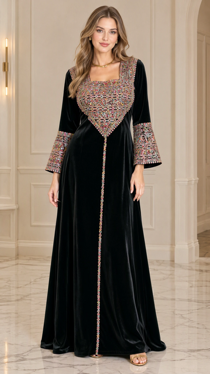 Classic Black embroidered long sleeve velvet maxi dress front view