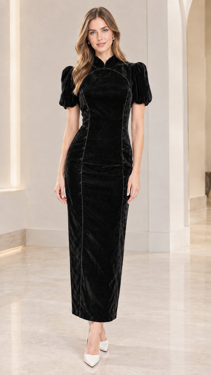Full-length front view of model in Black Mandarin Collar Velvet Maxi Dress
