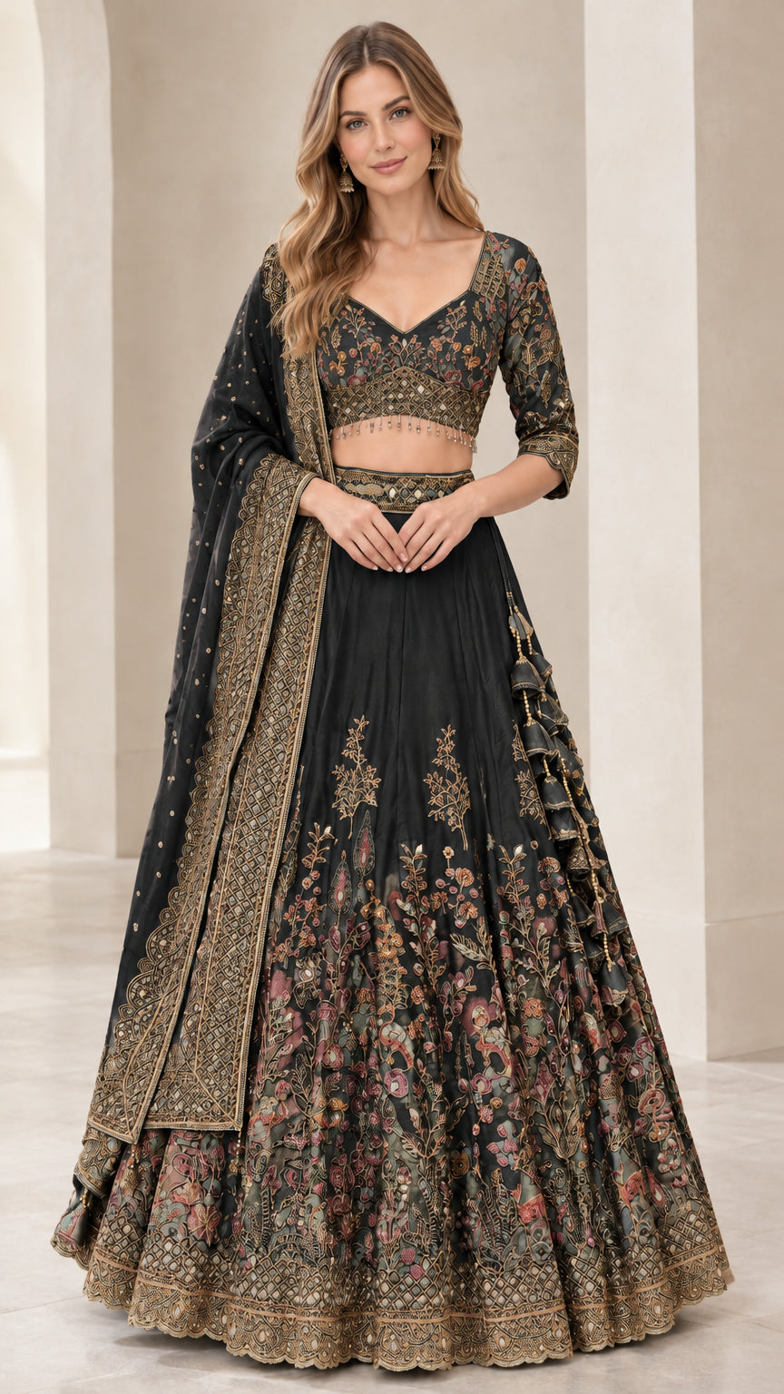 Black embroidered lehenga choli set with gold floral border details