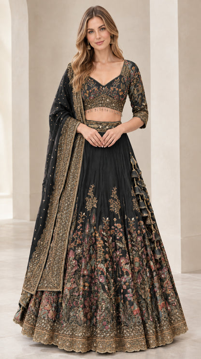 Black embroidered lehenga choli set with gold floral border details