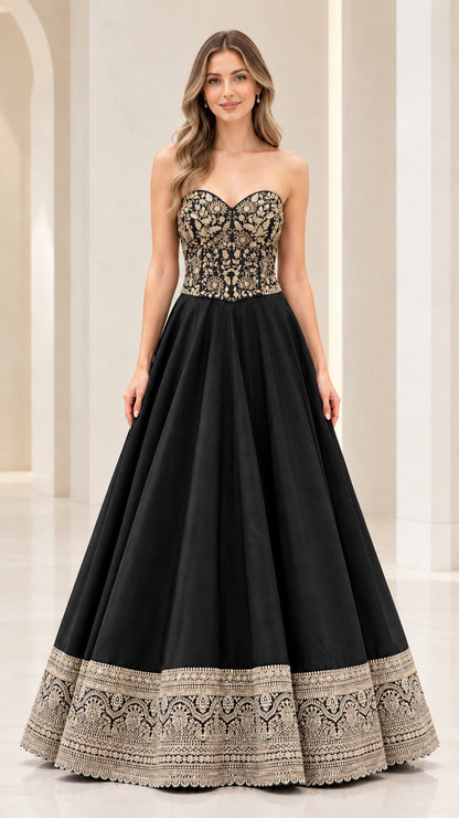 Black strapless embroidered A-line formal evening gown