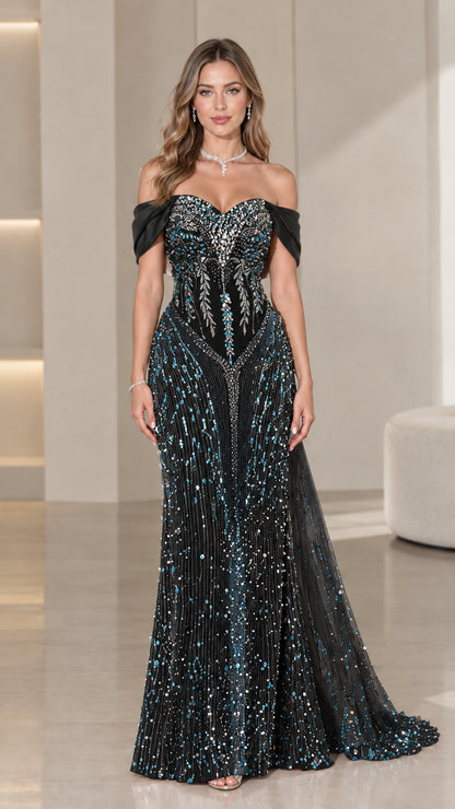 Full-length view of black beaded off-the-shoulder evening gown